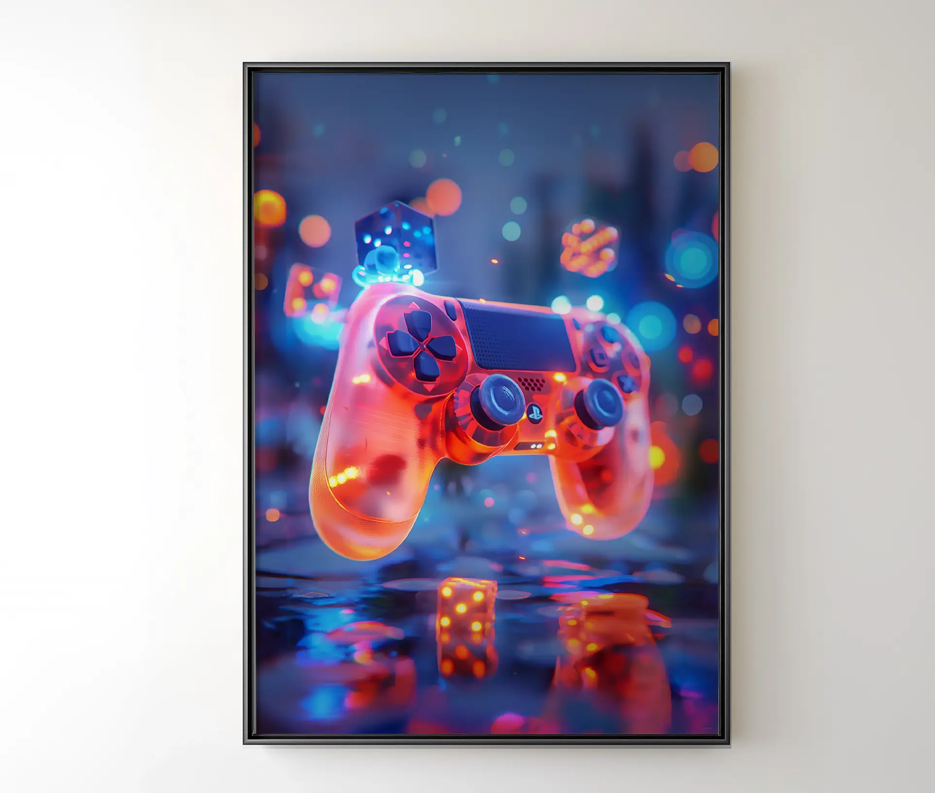 Gaming controller plakat i neonfarver mod en futuristisk baggrund med terninger og lys, indrammet og hængende på væggen.