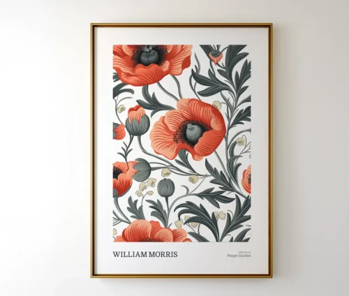 Indrammet William Morris inspireret "Poppy Garden" plakat med røde valmuer og grønt løv placeret på gulvet ved siden af en kop og magasiner.