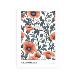 William Morris inspireret "Poppy Garden" plakat med detaljerede valmuer og grønne blade på en hvid baggrund.