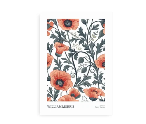 William Morris inspireret "Poppy Garden" plakat med detaljerede valmuer og grønne blade på en hvid baggrund.