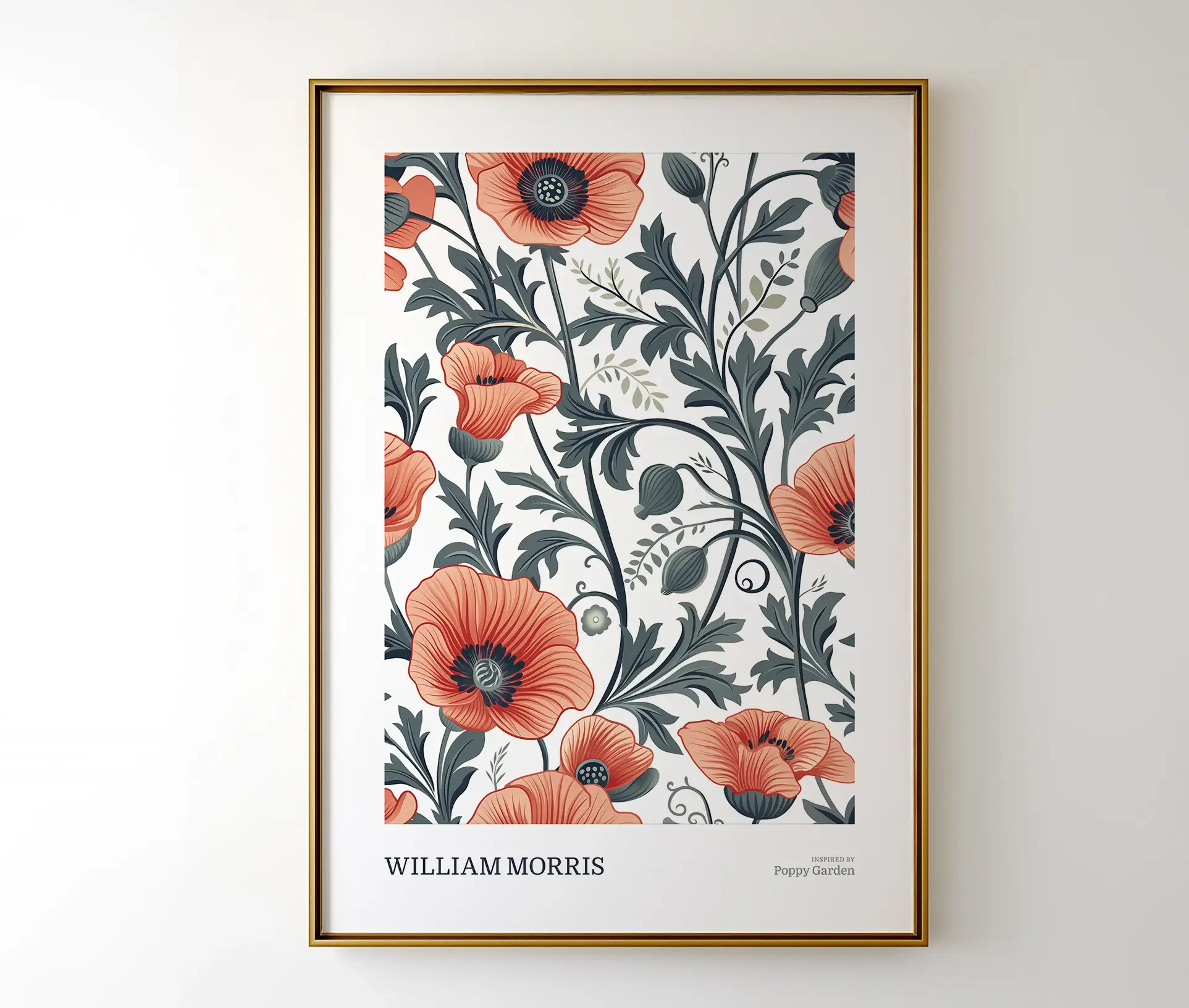 Indrammet William Morris inspireret "Poppy Garden" plakat med valmuer i røde og grønne nuancer hængende på en lys væg.