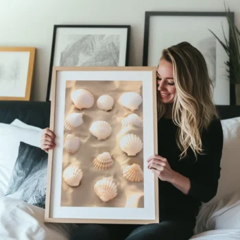 Kvinde holder en indrammet plakat af strandskaller i sand, siddende på en seng i et moderne soveværelse.