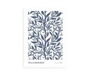 William Morris-inspireret plakat med blå botaniske grene og blade på hvid baggrund, minimalistisk og elegant.