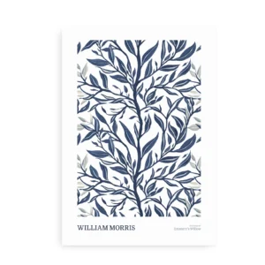 William Morris-inspireret plakat med blå botaniske grene og blade på hvid baggrund, minimalistisk og elegant.