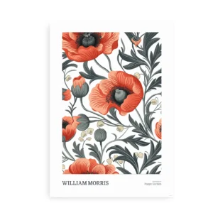 William Morris inspireret "Poppy Garden" plakat med røde valmuer og detaljerede grønne blade hænger indrammet på en lys væg.