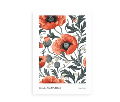 William Morris inspireret "Poppy Garden" plakat med røde valmuer og detaljerede grønne blade hænger indrammet på en lys væg.