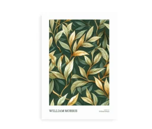 William Morris plakat med botanisk mønster i grønne og gyldne nuancer på hvid baggrund.