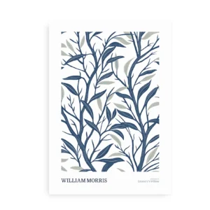 William Morris plakat med botanisk design i blå og grønne nuancer på hvid baggrund.