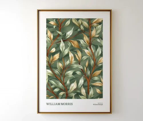 William Morris Willow Bough plakat indrammet med gylden ramme, hængende på en lys væg i et minimalistisk rum.