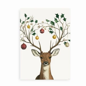 Minimalistisk plakat af hjort med julepyntede gevirer i guld og rødt.