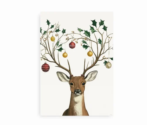 Minimalistisk plakat af hjort med julepyntede gevirer i guld og rødt.