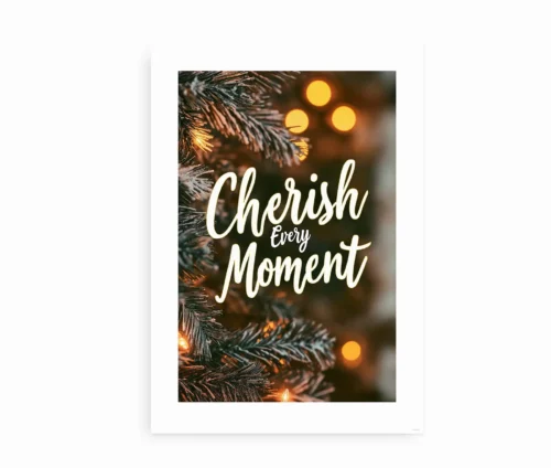 Plakat med "Cherish Every Moment" teksten ved vindueskarm med udsigt til vinterlandskab.