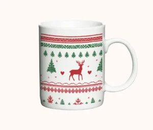 Julekrus med rensdyr, juletræer og klassisk strikket mønster.