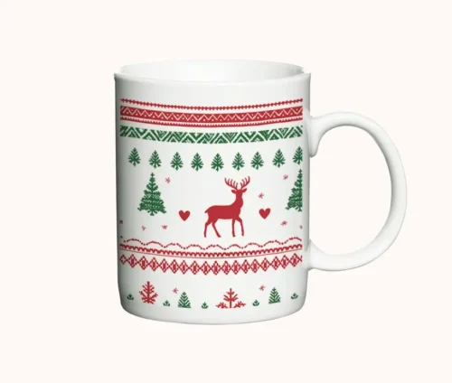 Julekrus med rensdyr, juletræer og klassisk strikket mønster.