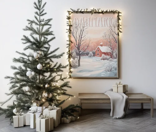 Vinterplakat med dansk landskab, sne og et rødt hus, omgivet af julepynt og lys.