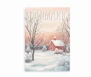 Plakat med rødt hus i sneklædt vinterlandskab