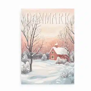 Plakat med rødt hus i sneklædt vinterlandskab