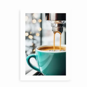 Espresso plakat med turkis kop og espressomaskine med kaffebar vibes.