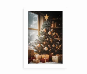 Plakat med juletræ og gaver ved vindue – varm og hyggelig stemning.