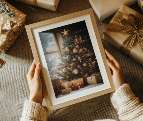 Indrammet juleplakat med juletræ og gaver, holdt i hænderne som gaveidé.