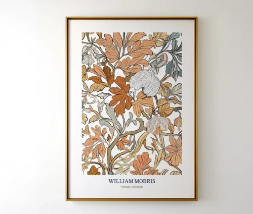 William Morris plakat med vintage blomstermønster i varme nuancer, indrammet på væg.