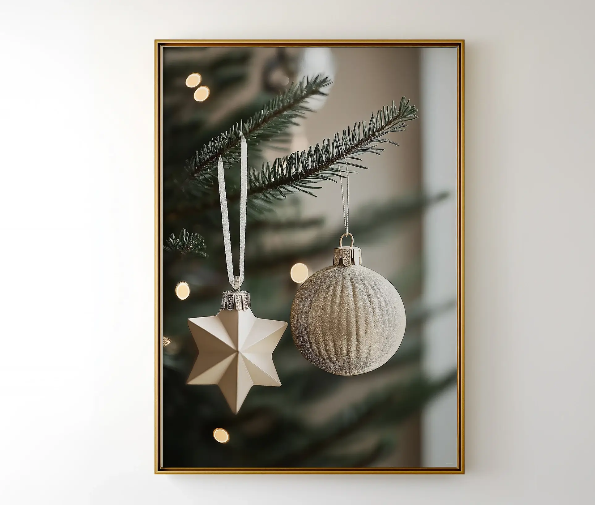 Juleplakat med stjerne- og kuglepynt på grangren i minimalistisk design.