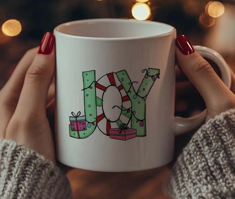 Krus med "JOY" og juletema, holdt af hænder i hyggelig belysning.