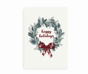 Juleplakat med en smuk julekrans og teksten "Happy Holidays".