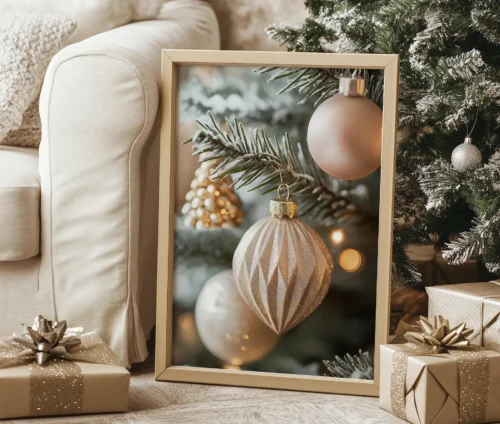 Plakat med juledekorationer og smukt design til juleindretning.