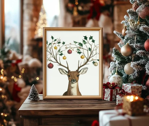 Indrammet juleplakat med hjort og julepyntede gevirer placeret ved et juletræ.