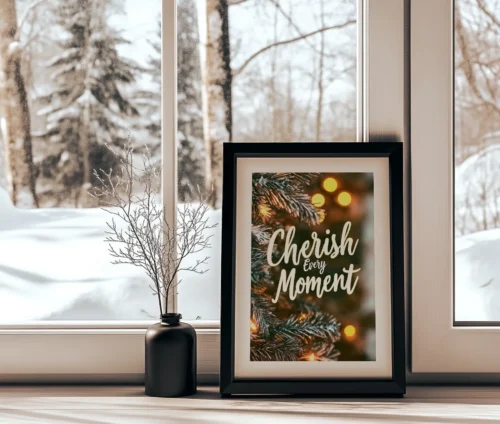 Plakat med "Cherish Every Moment" teksten ved vindueskarm med udsigt til vinterlandskab.