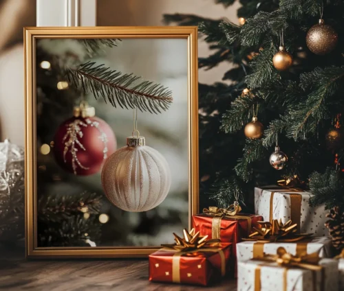 Juleplakat med juletræ og ornamenter, der skaber en hyggelig julestemning.