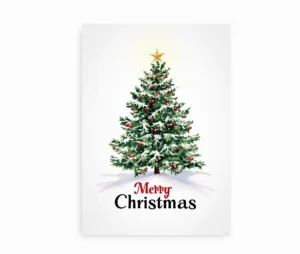 Juleplakat med teksten "Merry Christmas" og juletræ i sne på en hvid baggrund.