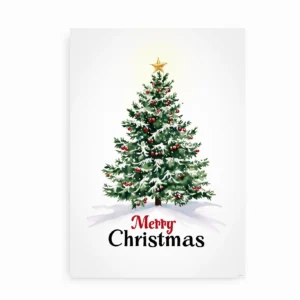 Juleplakat med teksten "Merry Christmas" og juletræ i sne på en hvid baggrund.