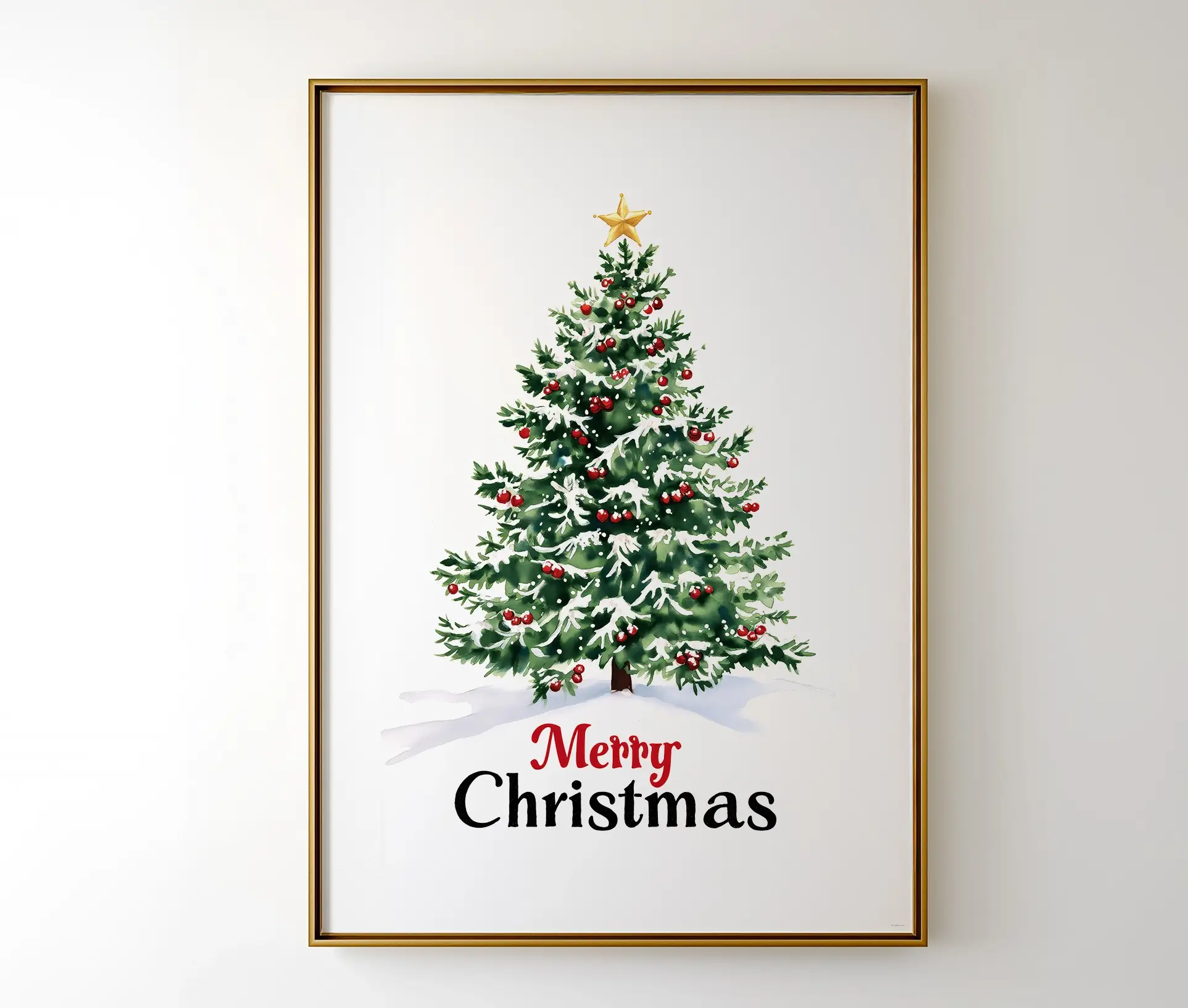 Plakat med sneklædt juletræ og teksten "Merry Christmas" i guldramme.