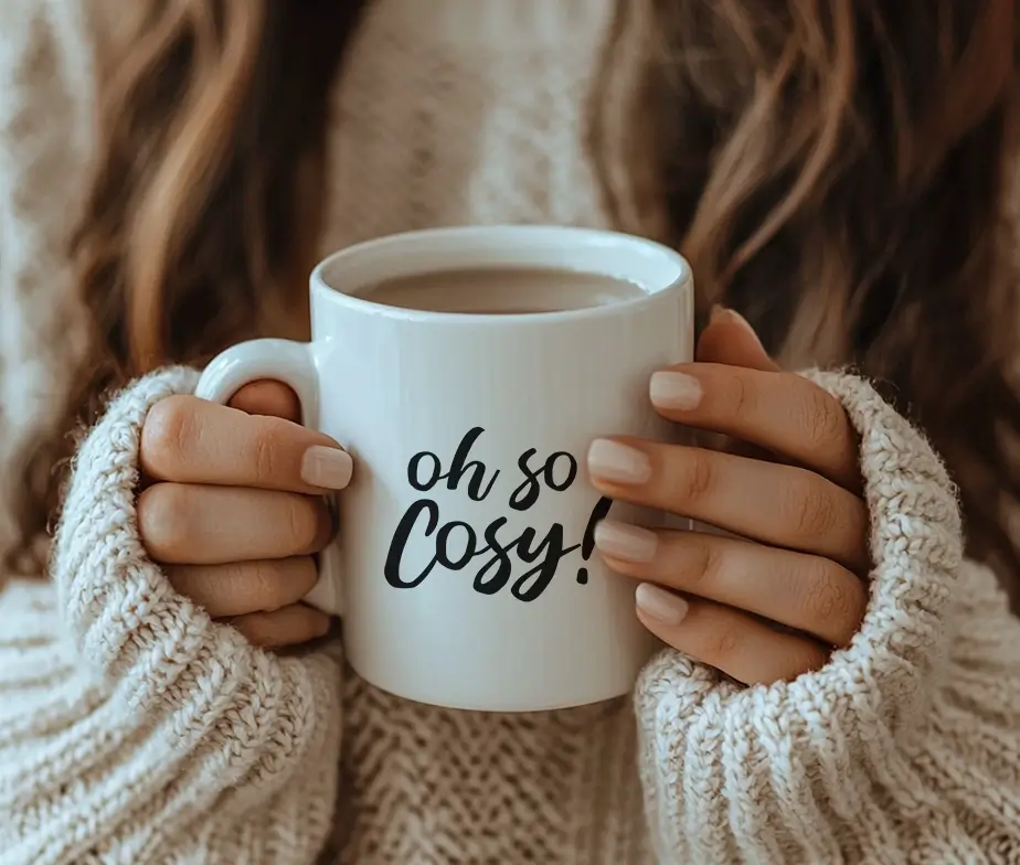 Hvidt julekrus med teksten "Oh So Cosy!" holdt i hænder med strikket sweater – perfekt krus til jul.