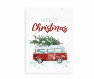 Akvarelplakat med retro van og juletræ samt teksten “Merry Christmas”.