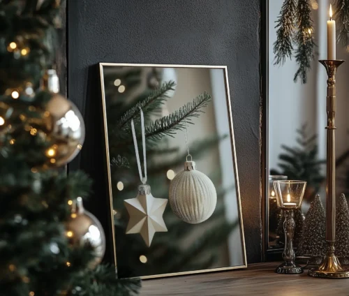 Stemningsfuld juleplakat med stjerne- og kuglepynt på grangren.