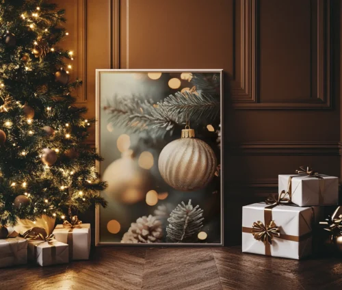 Plakat med juletræ og dekorative glaskugler, perfekt til juletidens pynt.