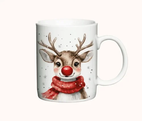 Hvidt julekrus med motiv af Rudolf og snefnug.