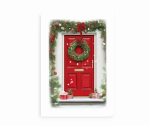 Jul plakat med rød dør og grøn krans, perfekt som vægdekoration i julen