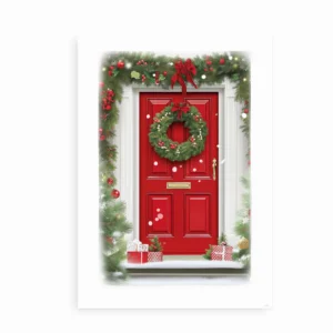 Jul plakat med rød dør og grøn krans, perfekt som vægdekoration i julen