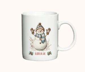 Julekrus med en smilende snemand, vanter og teksten "Glædelig Jul".