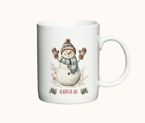 Julekrus med en smilende snemand, vanter og teksten "Glædelig Jul".