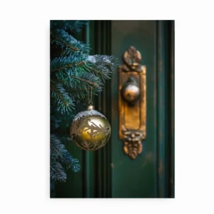 Nærbillede af sneklædt julekugle på grangren foran en vintage grøn dør, perfekt til julepynt.