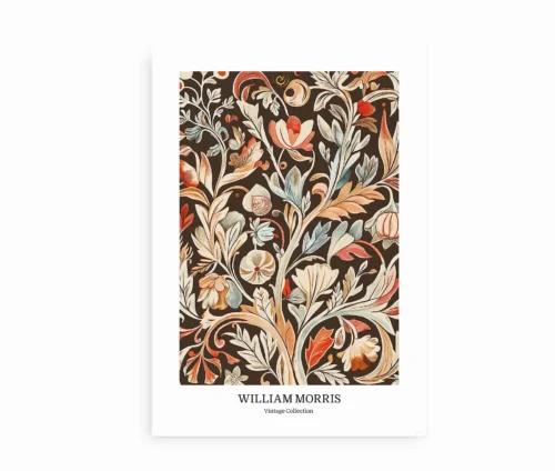 William Morris botanisk kunstprint med varme nuancer, i minimalistisk ramme.