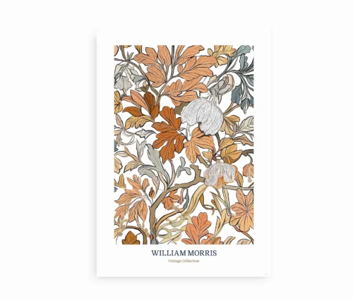 William Morris plakat med vintage blad- og blomstermønster i varme farver, til vægdekoration.