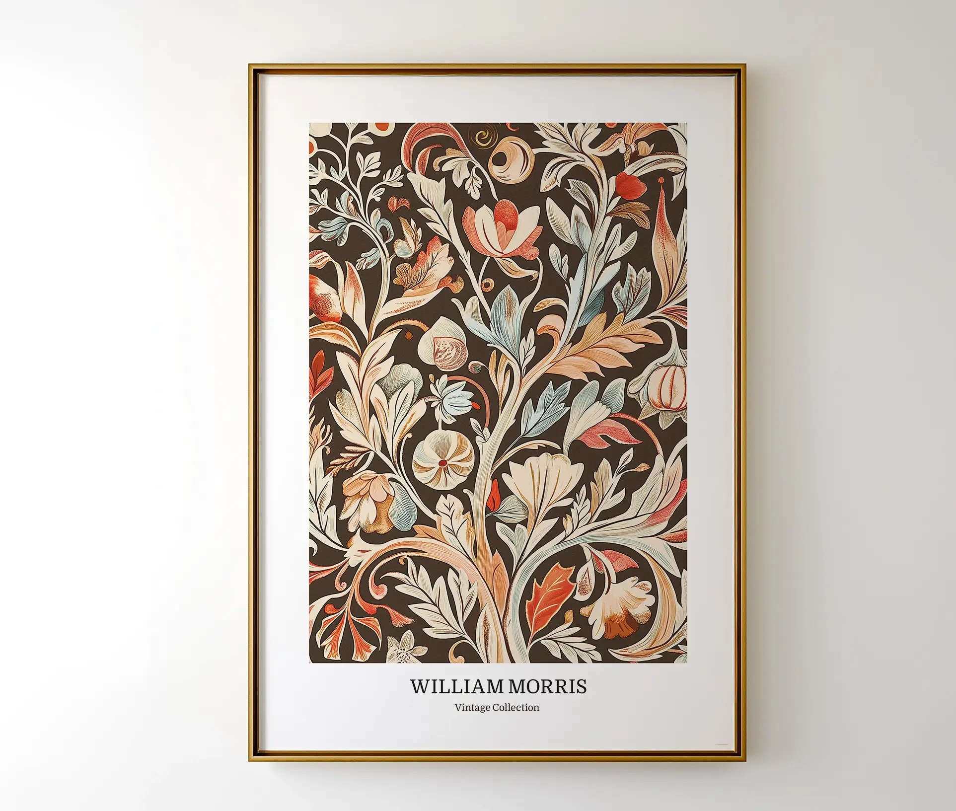 Indrammet William Morris plakat med vintage botanisk mønster i varme toner.