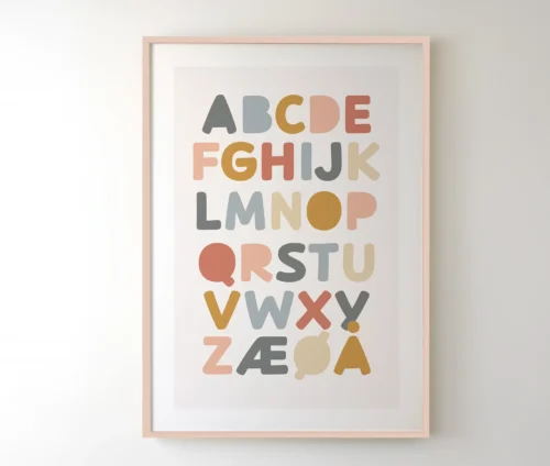 Nærbillede af ABC alfabet plakat med dæmpede farver i enkel ramme.