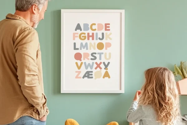 ABC alfabet plakat på grøn væg med voksen og barn, designet i afdæmpede farver.